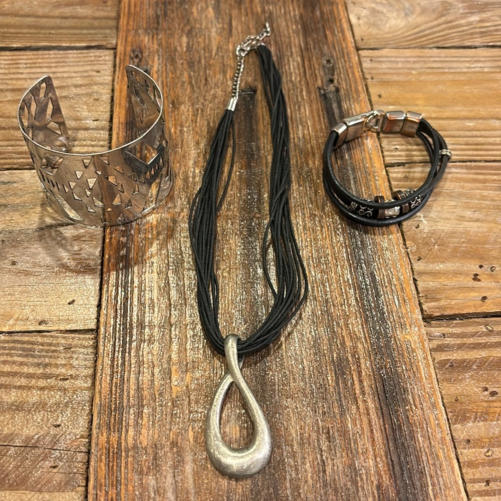 Necklace, beaded bracelet and cuff bracelet